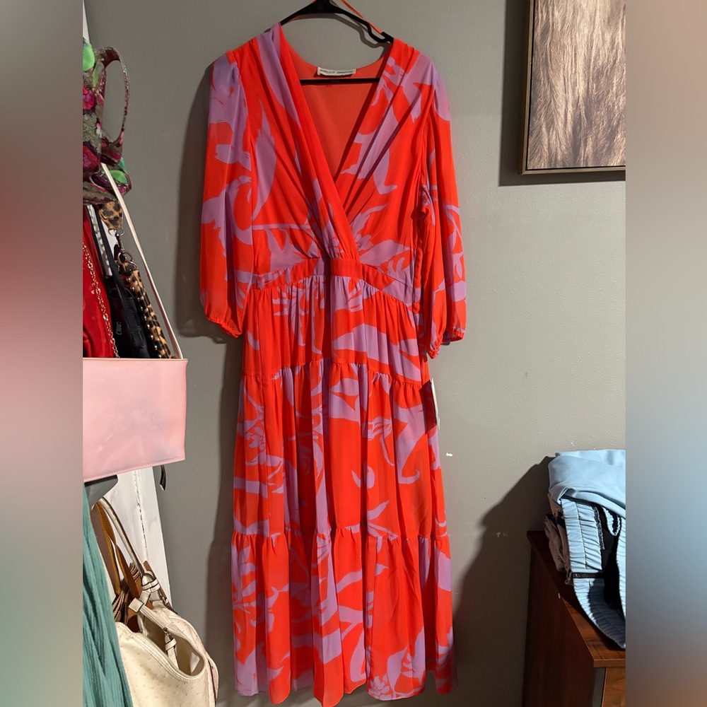 Kelly Grace Vivid Coral & Lavender Printed Maxi Dress